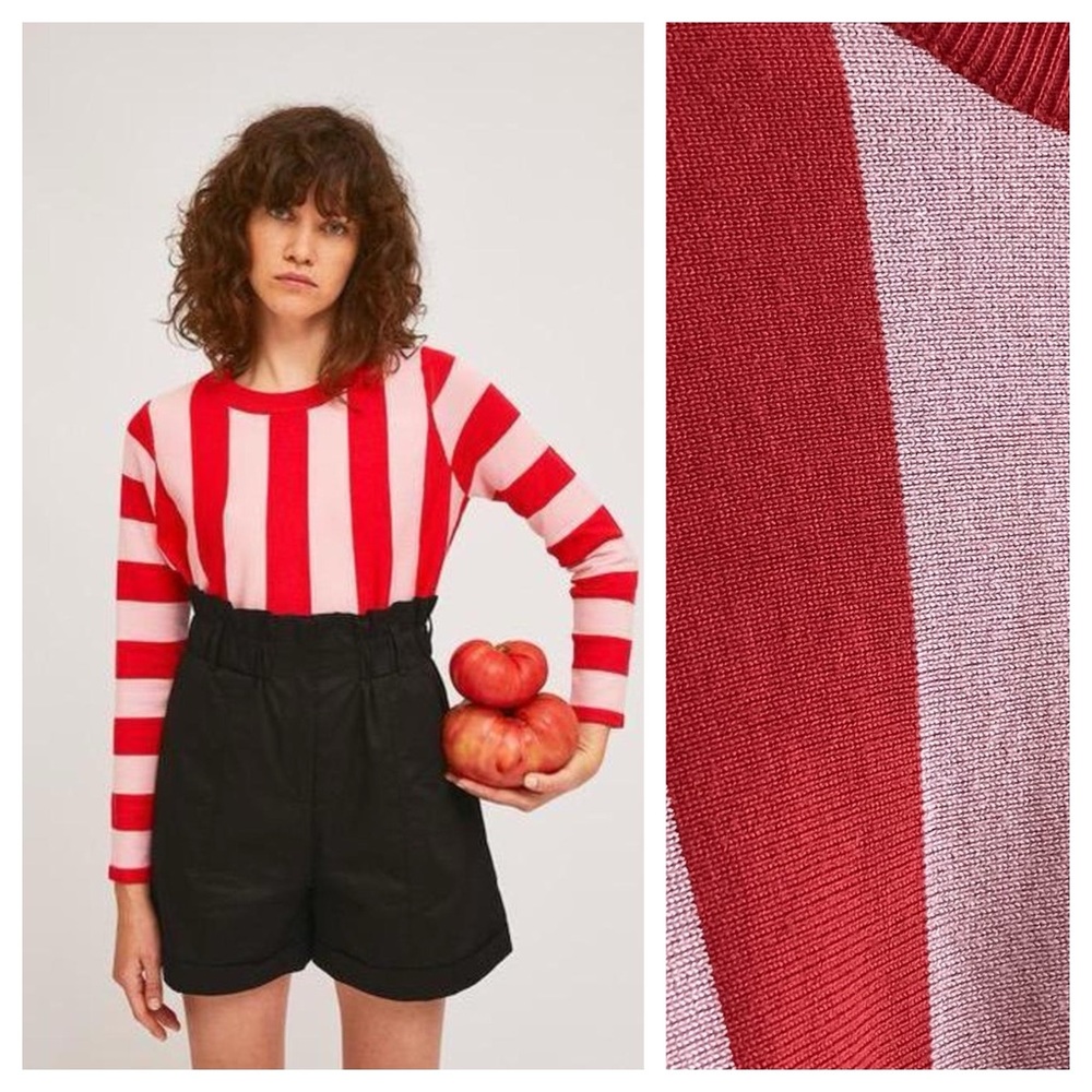 Striped Crew Neck Sweater - Red & Pink